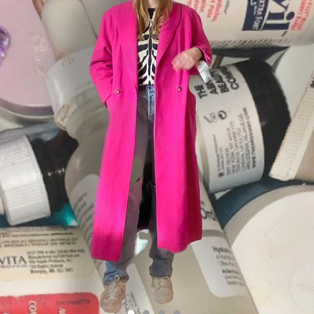Fuchsia bright pink wool trench coat.